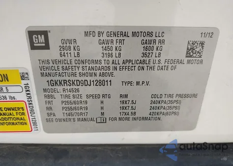 2013 GMC Acadia Slt-2 из США, поврежденный, VIN 1GKKRSKD9DJ128011